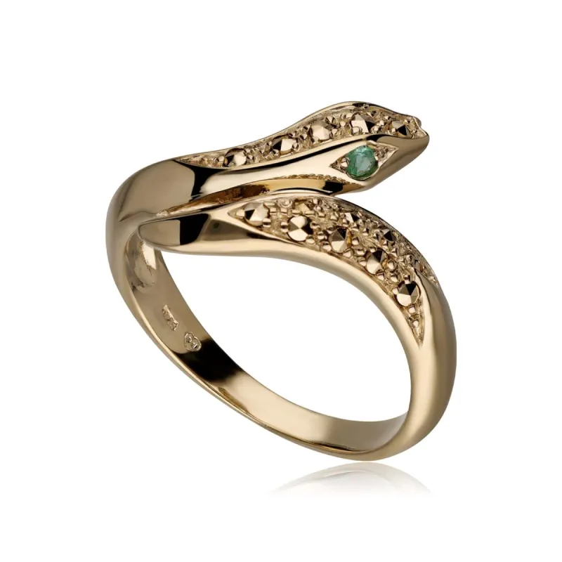 Emerald Eyes Marcasite Snake Ring in Gold Plated Sterling Silver sold by Gemondo Jewellery