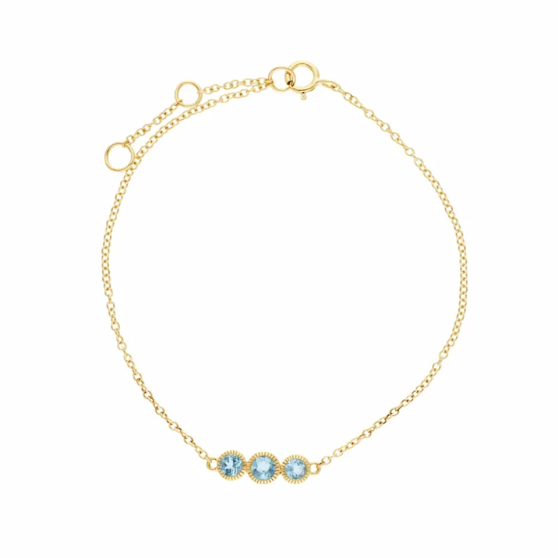 Classic Round Blue Topaz Three Stone Milgrain Bracelet in 9ct Gold sold by Gemondo Jewellery