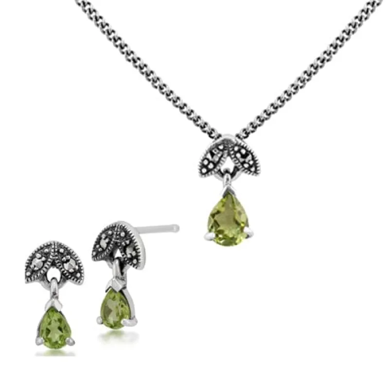 Art Deco Style Style Pear Peridot & Marcasite Leaf Stud Earrings & Pendant Set sold by Gemondo Jewellery
