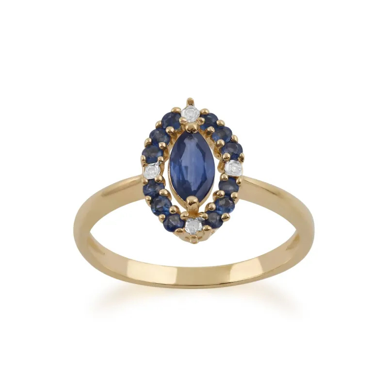 9ct Yellow Gold 0.63ct Natural Blue Sapphire & 1.6pt Diamond Cluster Ring sold by Gemondo Jewellery