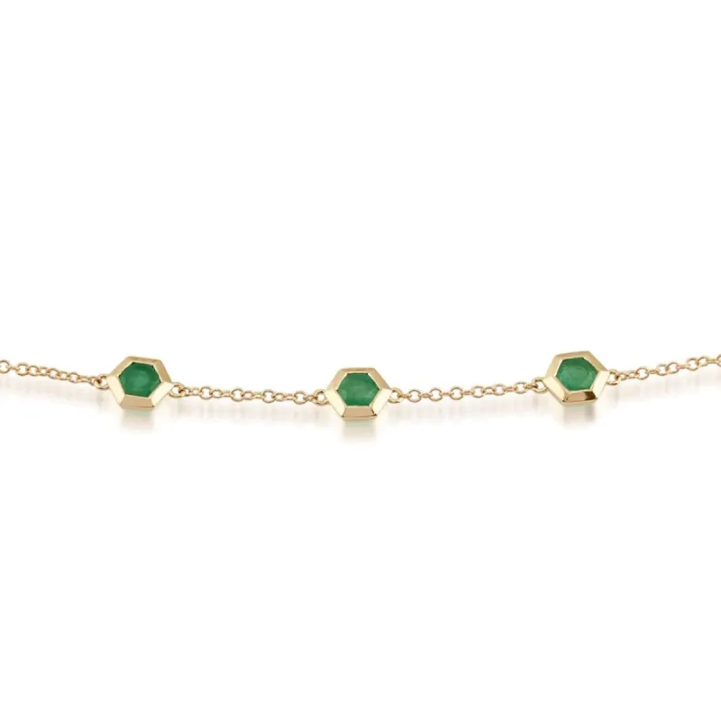 Geometric Hexagon Emerald Bezel Set Three Stone Bracelet in 9ct Yellow Gold sold by Gemondo Jewellery