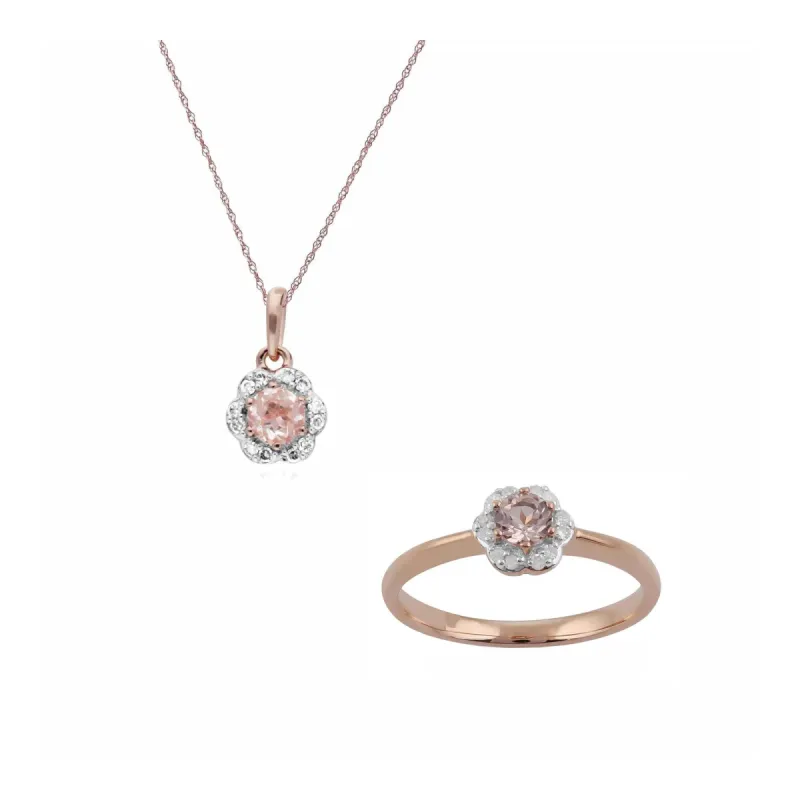 Floral Round Morganite & Diamond Pendant & Ring Set in 9ct Rose Gold sold by Gemondo Jewellery
