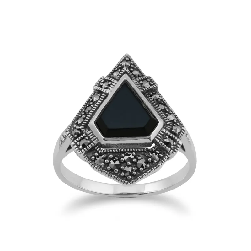 Art Deco Style Triangle Black Onyx & Marcasite Statement Ring in 925 Sterling Silver sold by Gemondo Jewellery