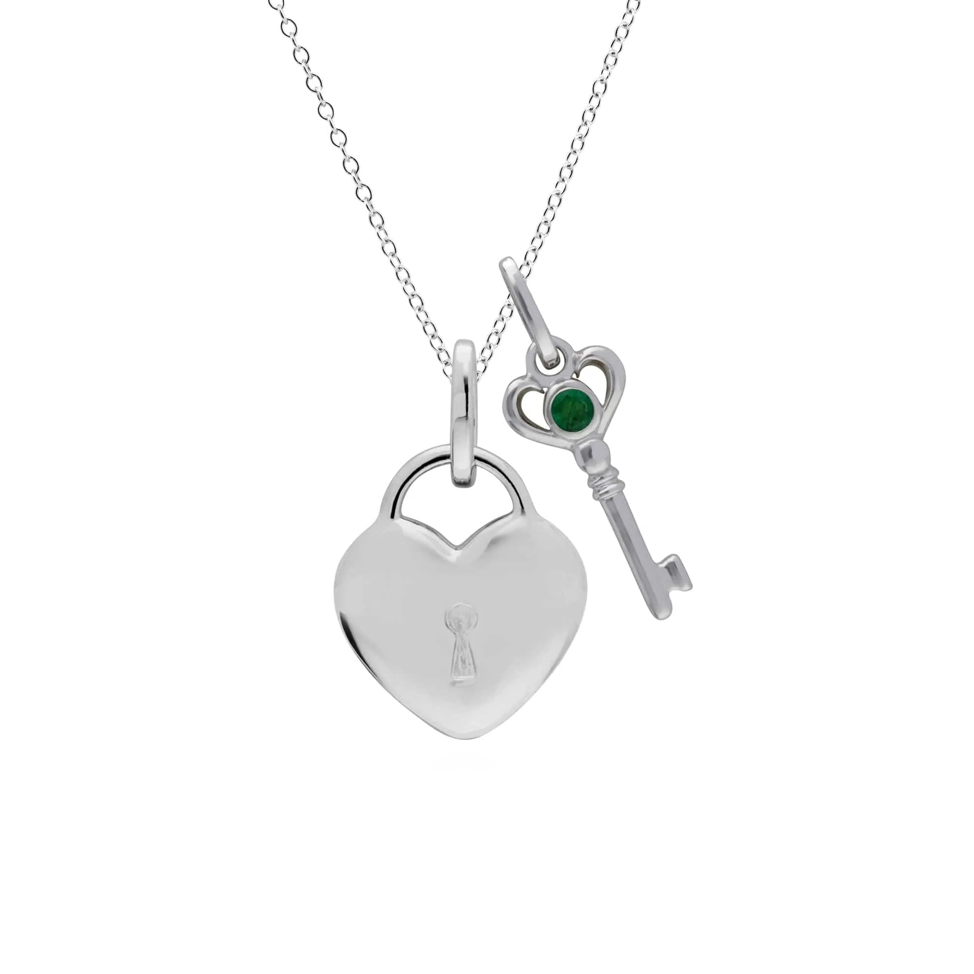 Classic Heart Lock Pendant & Emerald Key Charm in 925 Sterling Silver sold by Gemondo Jewellery