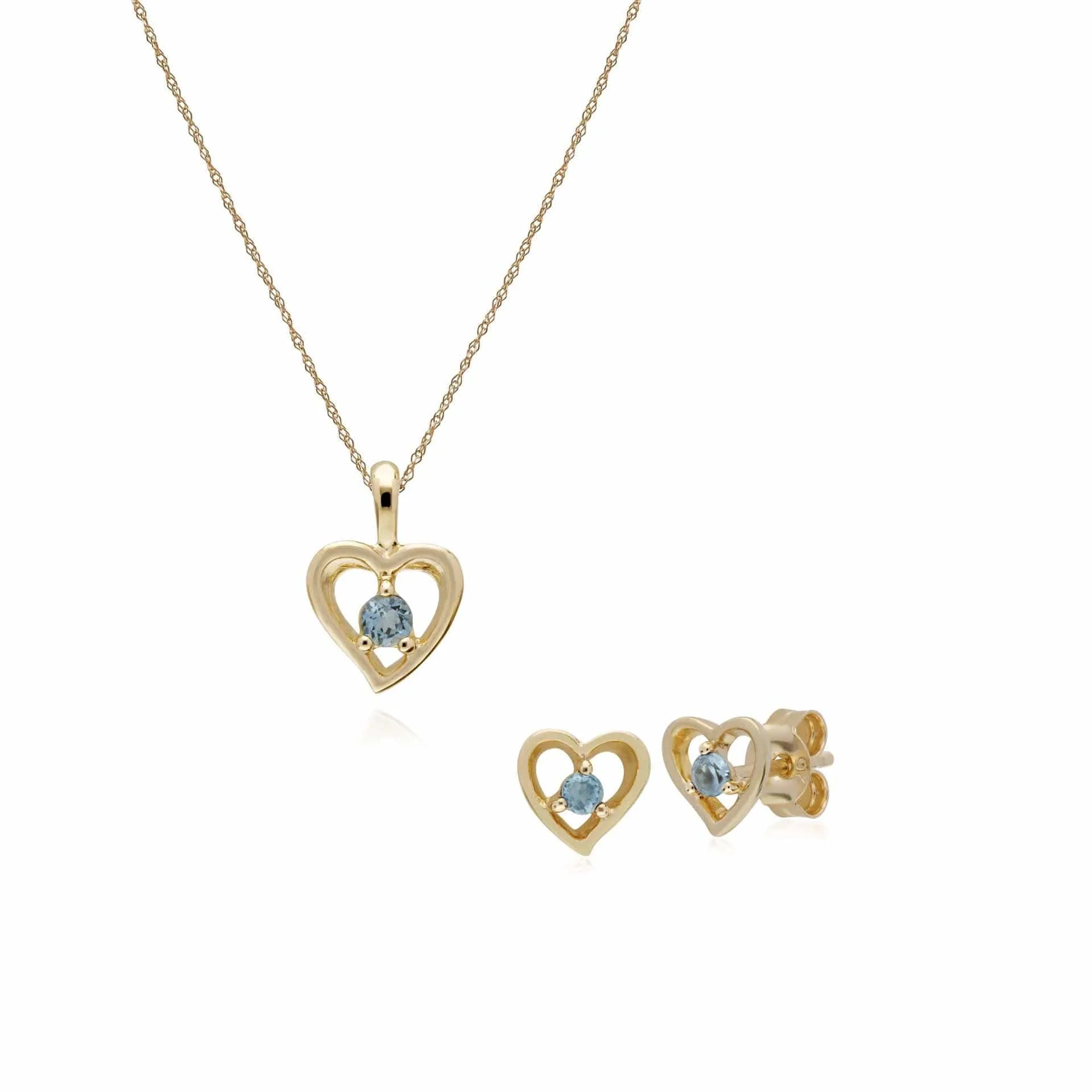 Classic Round Aquamarine Single Stone Heart Stud Earrings & Necklace Set in 9ct Yellow Gold sold by Gemondo Jewellery
