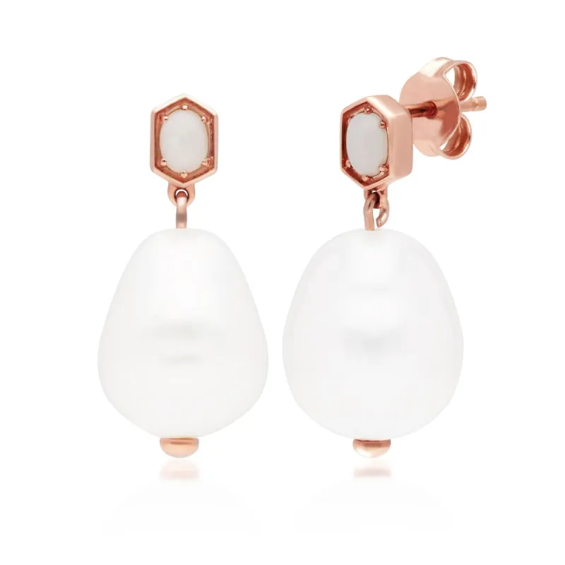 Modern Baroque Pearl & Opal Drop Earrings in Rose Gold Plated Silver sold by Gemondo Jewellery