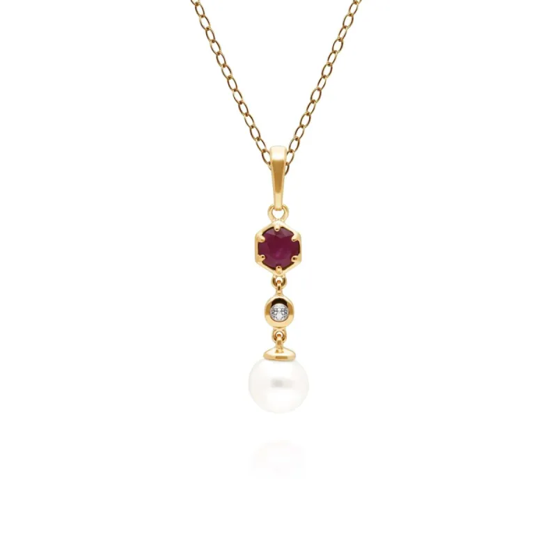 Modern Pearl, Ruby & Topaz Drop Pendant in Gold Plated Silver sold by Gemondo Jewellery