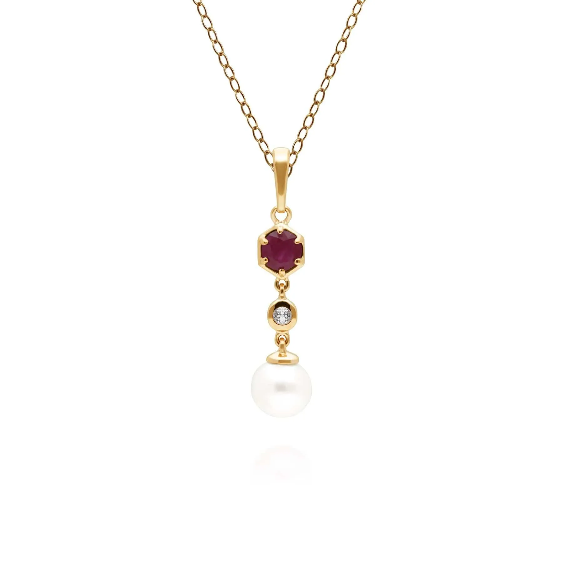 Modern Pearl, Ruby & Topaz Drop Pendant in Gold Plated Silver sold by Gemondo Jewellery