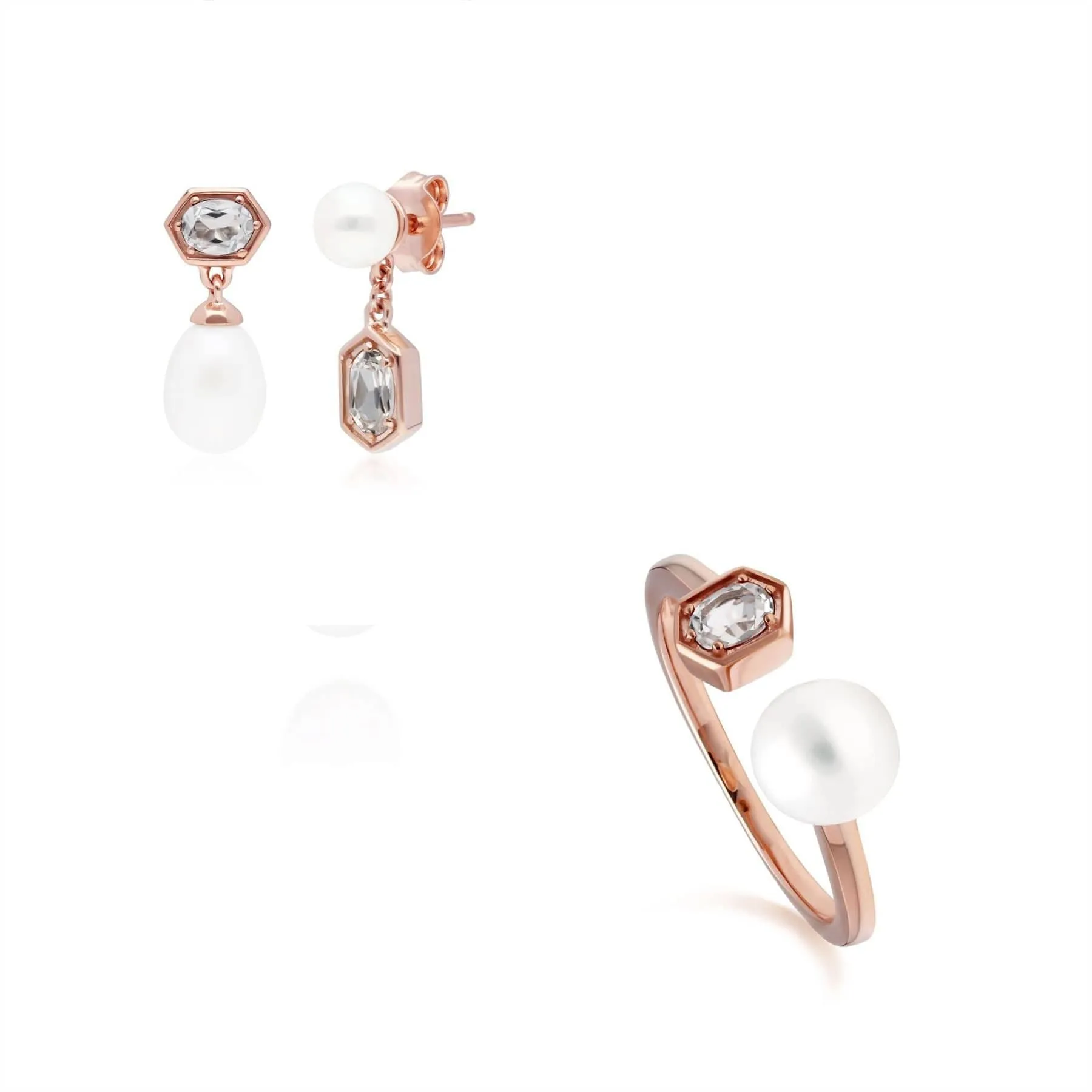 Modern Pearl & Topaz Earring & Ring Set in Rose Gold Plated Silver sold by Gemondo Jewellery