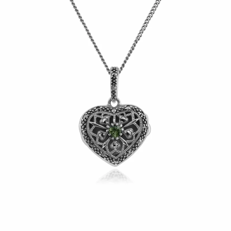 Art Nouveau Style Round Peridot & Marcasite Heart Necklace in 925 Sterling Silver sold by Gemondo Jewellery