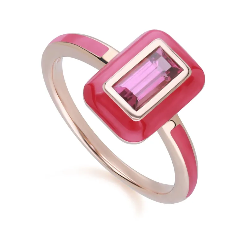 Siberian Waltz Pink Enamel & Baguette Rhodolite Ring in Rose Gold Plated Sterling Silver sold by Gemondo Jewellery
