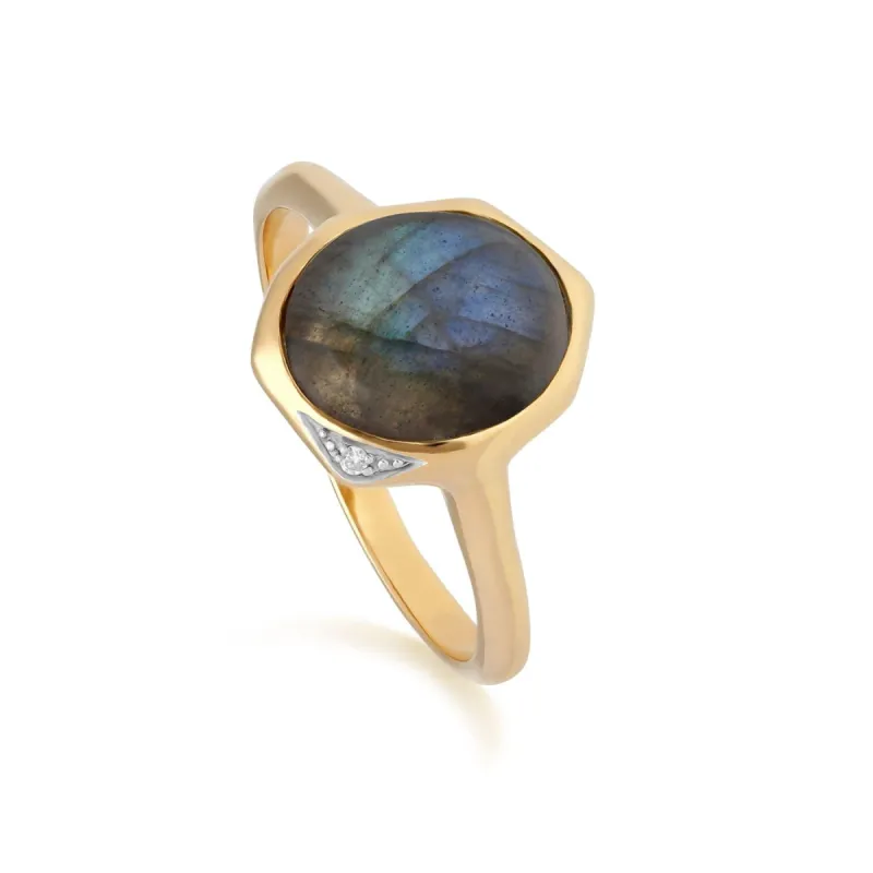 Irregular B Gem Labradorite & Diamond Ring in Gold Plated Sterling Silver sold by Gemondo Jewellery