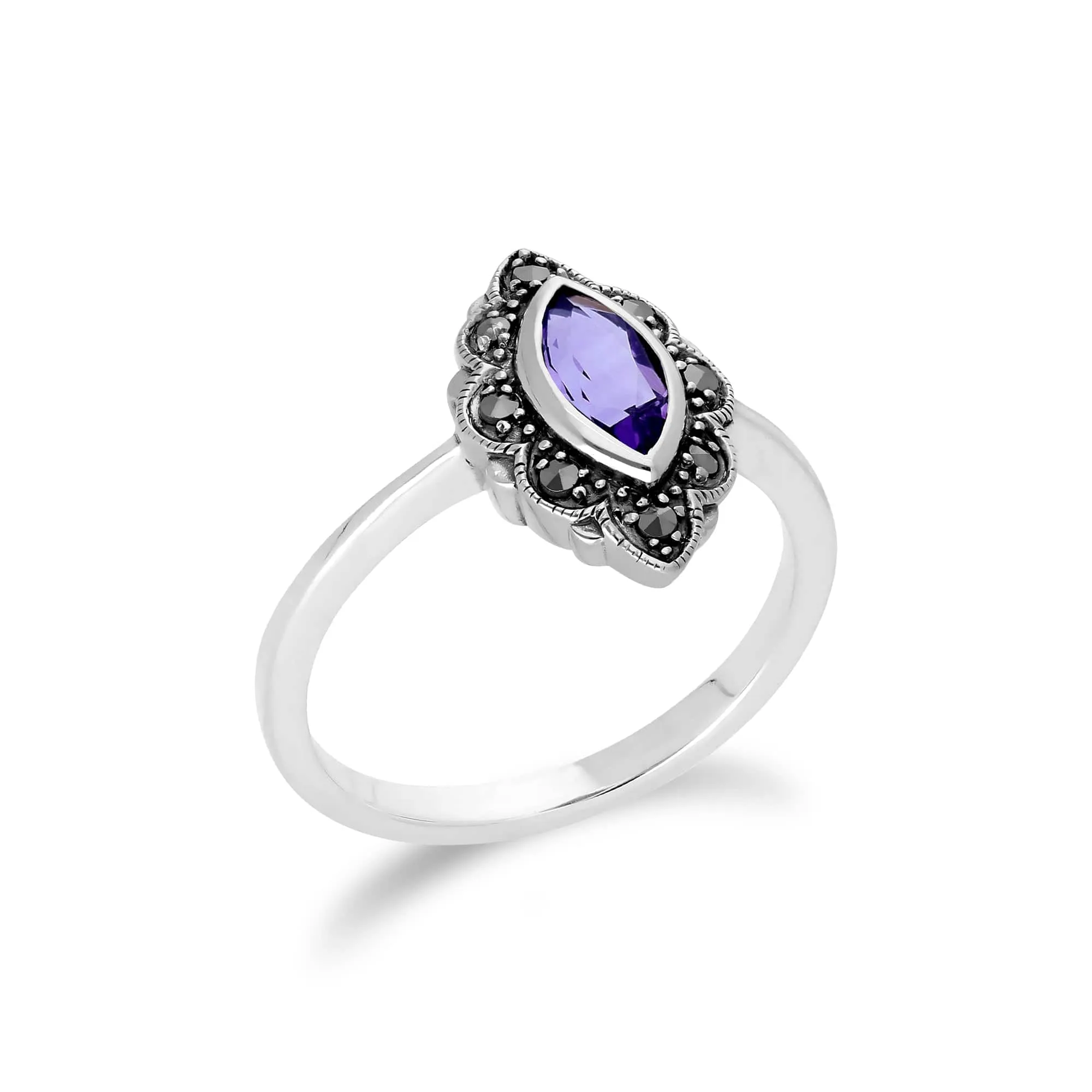 Art Nouveau Marquise Amethyst & Marcasite Leaf Ring in 925 Sterling Silver sold by Gemondo Jewellery product image thumbnail 2