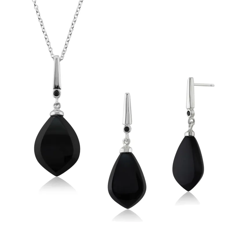 Art Deco Style Onyx & Spinel Drop Earrings & Pendant Set in Sterling Silver sold by Gemondo Jewellery