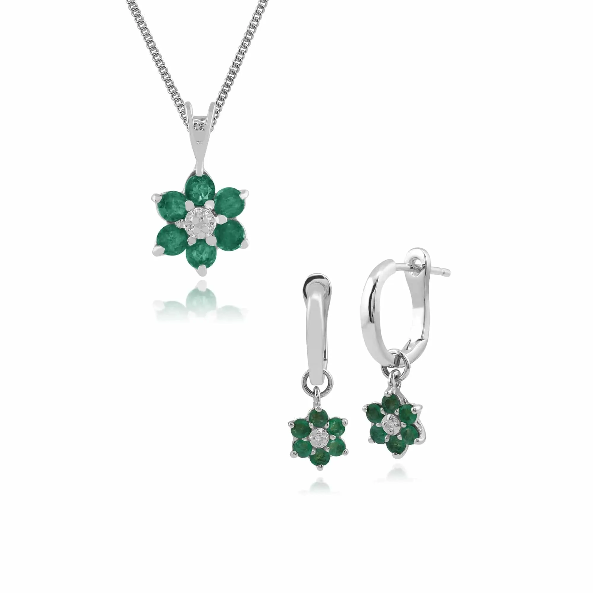 Floral Round Emerald & Diamond Drop Earrings & Pendant Set in 9ct White Gold sold by Gemondo Jewellery