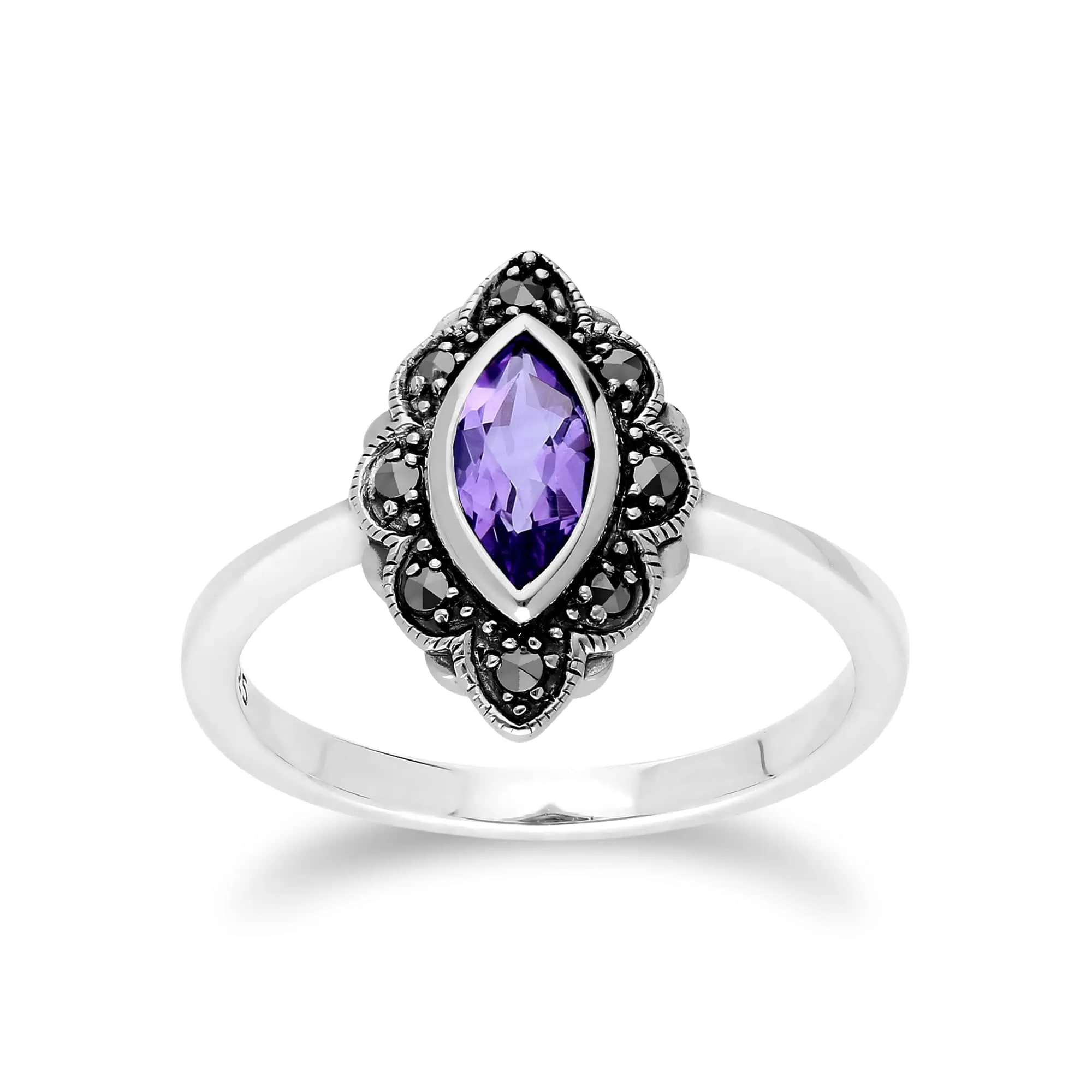 Art Nouveau Marquise Amethyst & Marcasite Leaf Ring in 925 Sterling Silver sold by Gemondo Jewellery