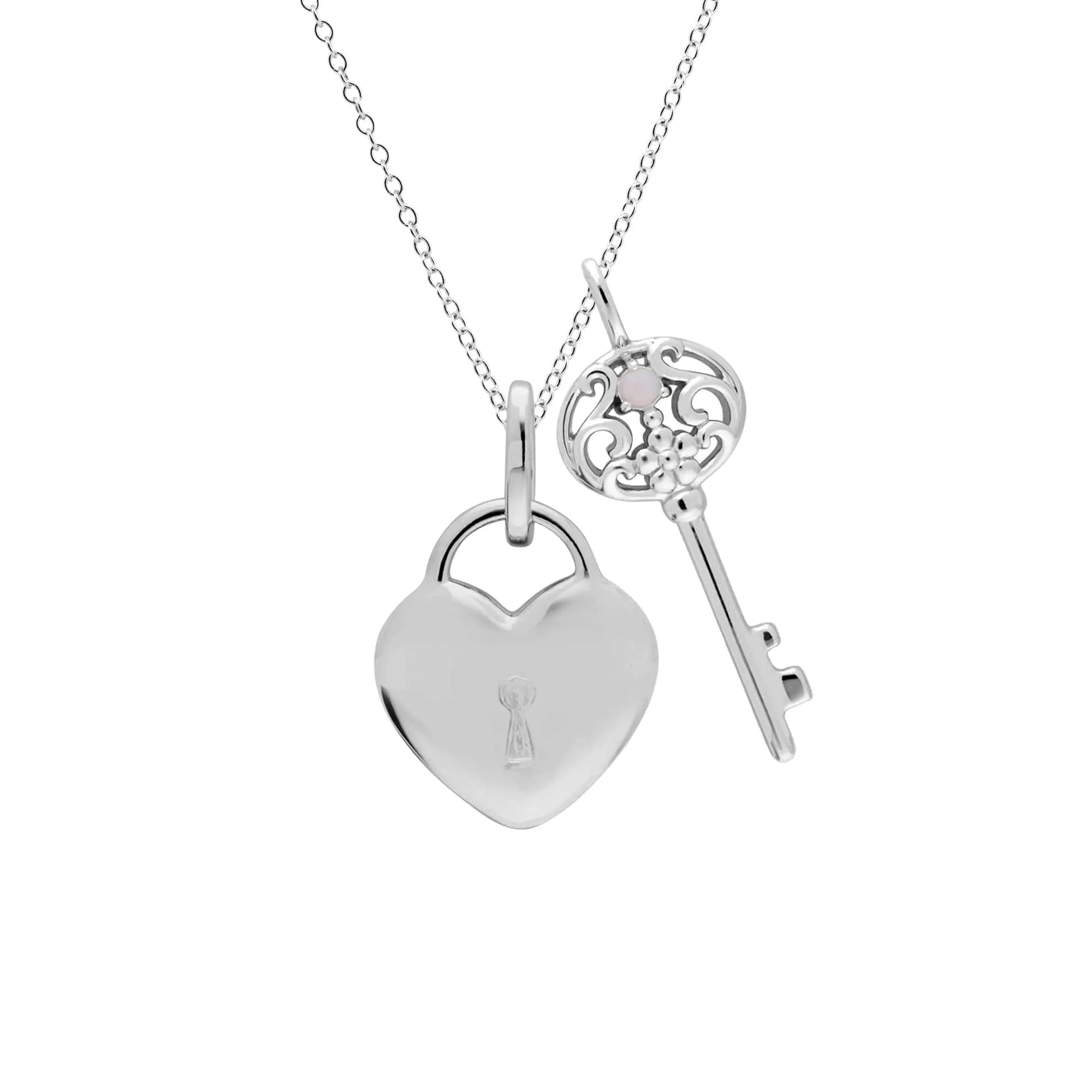 Classic Heart Lock Pendant & Opal Big Key Charm in 925 Sterling Silver sold by Gemondo Jewellery