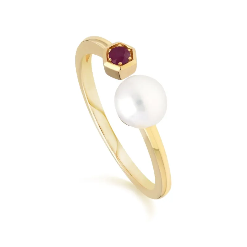Modern Pearl & Ruby Open Ring in 9ct Gold sold by Gemondo Jewellery