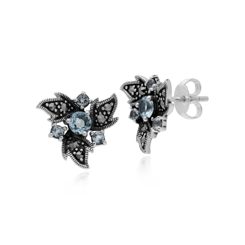 Gemondo Sterling Silver Blue Topaz & Marcasite Art Noveau Floral Earrings sold by Gemondo Jewellery
