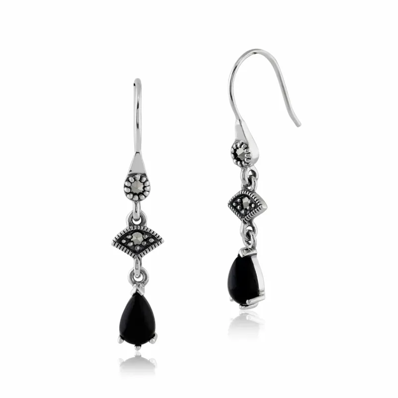 Art Deco Style Black Onyx  Cabochon & Marcasite Drop Earrings in 925 Sterling Silver sold by Gemondo Jewellery