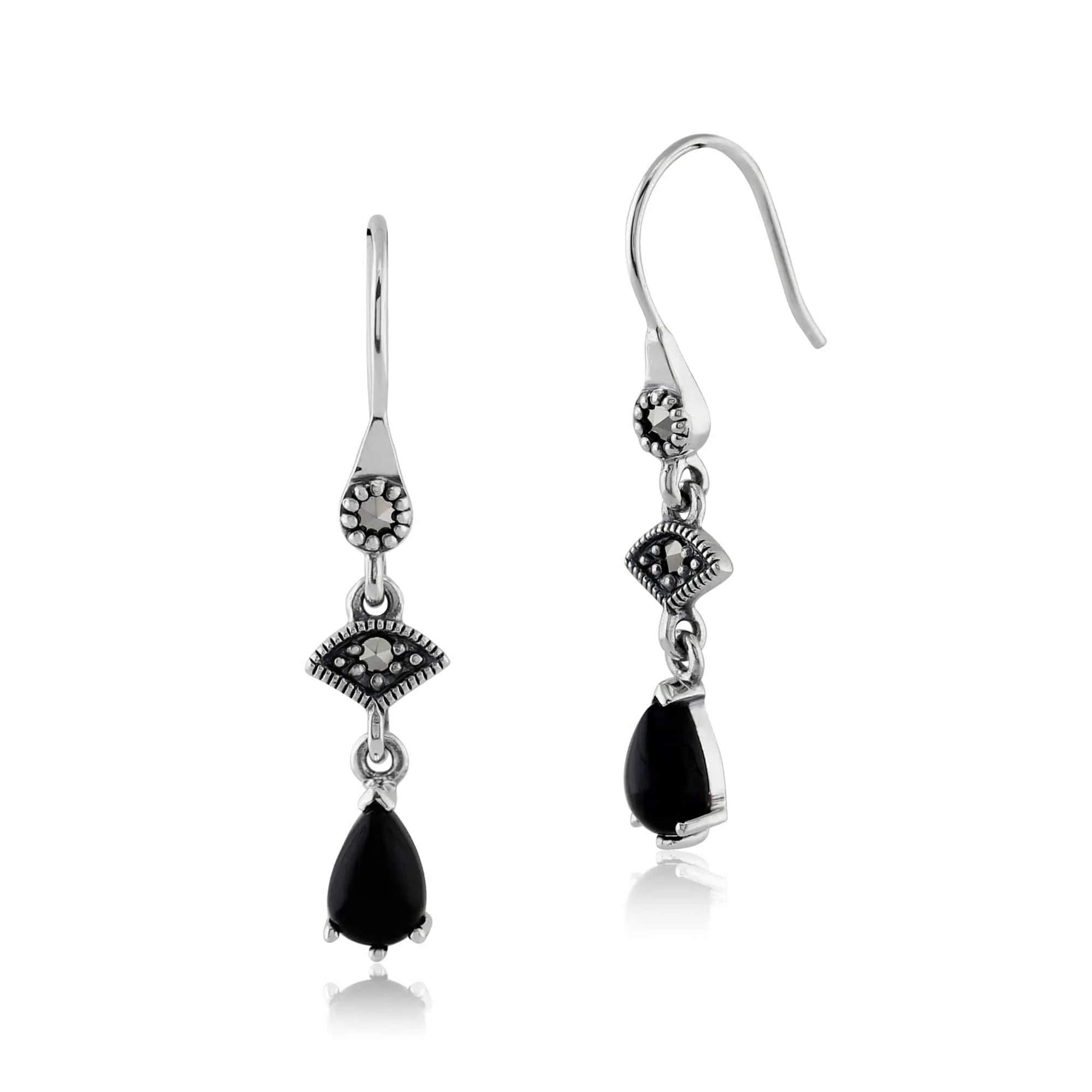 Art Deco Style Black Onyx Cabochon & Marcasite Drop Earrings in 925 Sterling Silver sold by Gemondo Jewellery