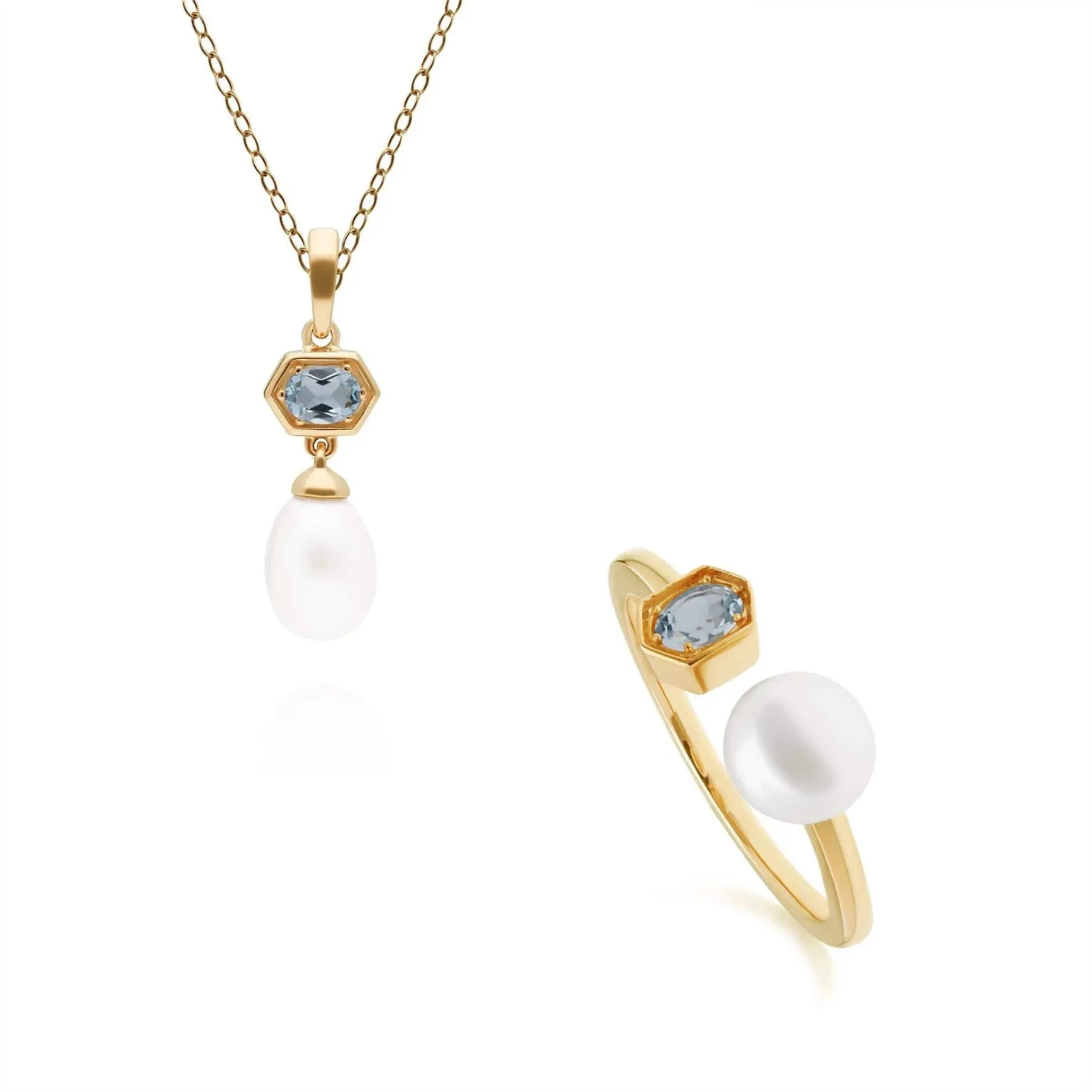 Modern Pearl & Blue Topaz Pendant & Ring Set in Gold Plated Silver sold by Gemondo Jewellery