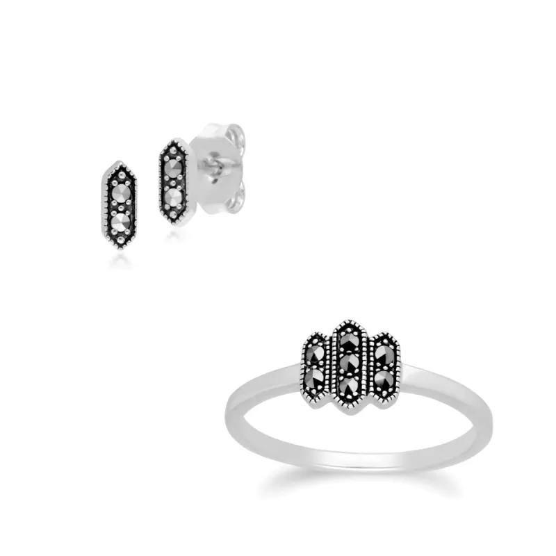 Marcasite Hexagon Stud Earrings & Ring Set in 925 Sterling Silver sold by Gemondo Jewellery