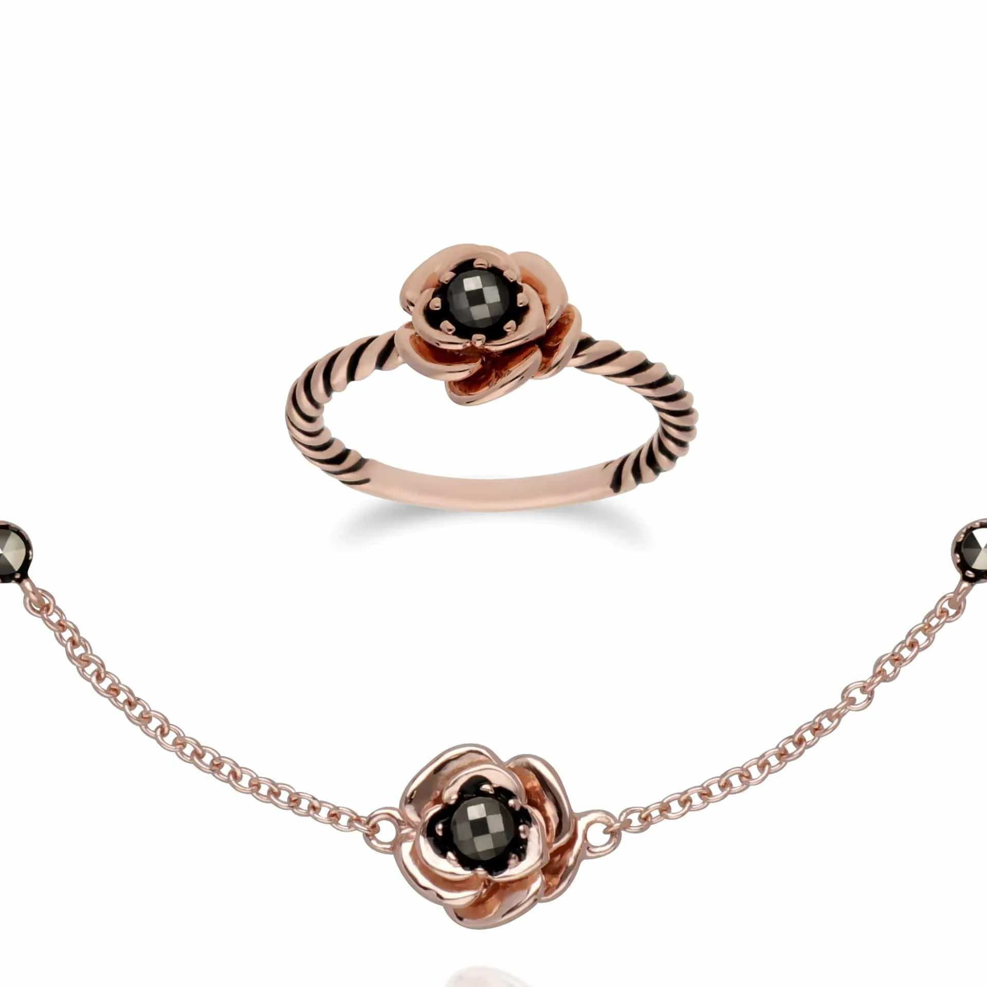 Rose Gold Plated Marcasite Flower Ring & Bracelet Set in 925 Sterling Silver sold by Gemondo Jewellery