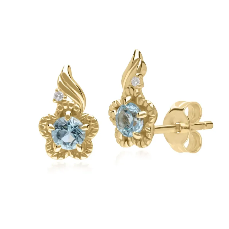 Floral Round Blue Topaz & Diamond Stud Earrings in 9ct Yellow Gold sold by Gemondo Jewellery
