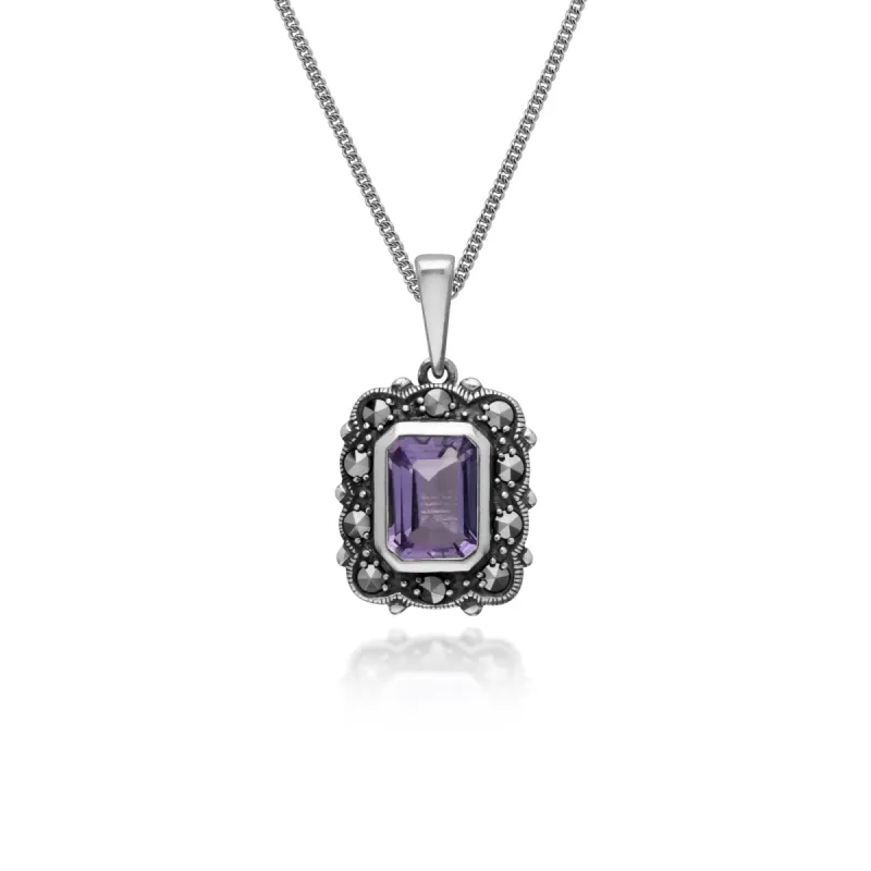 Art Deco Style Octagon Amethyst & Marcasite Pendant in 925 Sterling Silver sold by Gemondo Jewellery