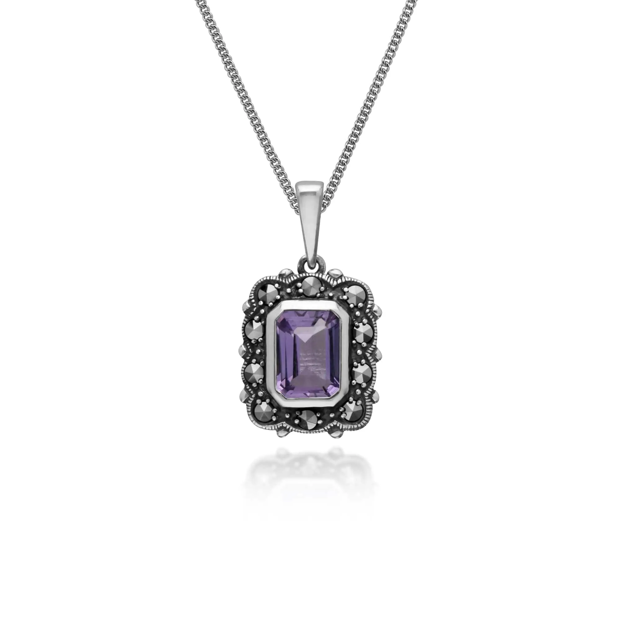 Art Deco Style Octagon Amethyst & Marcasite Pendant in 925 Sterling Silver sold by Gemondo Jewellery