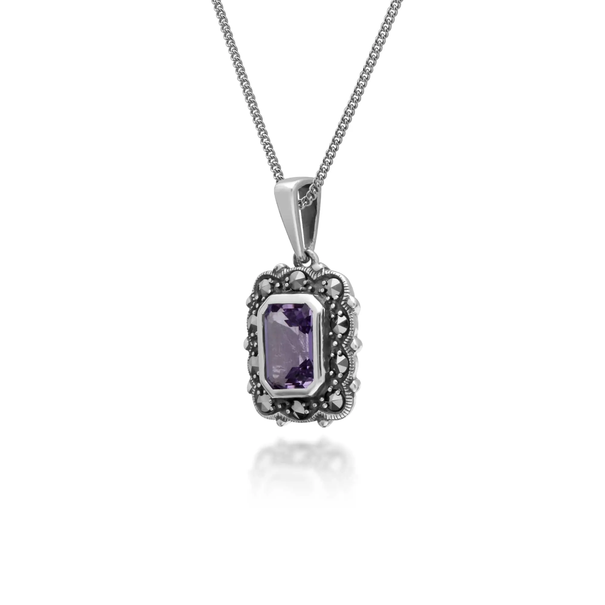 Art Deco Style Octagon Amethyst & Marcasite Pendant in 925 Sterling Silver sold by Gemondo Jewellery product image thumbnail 2