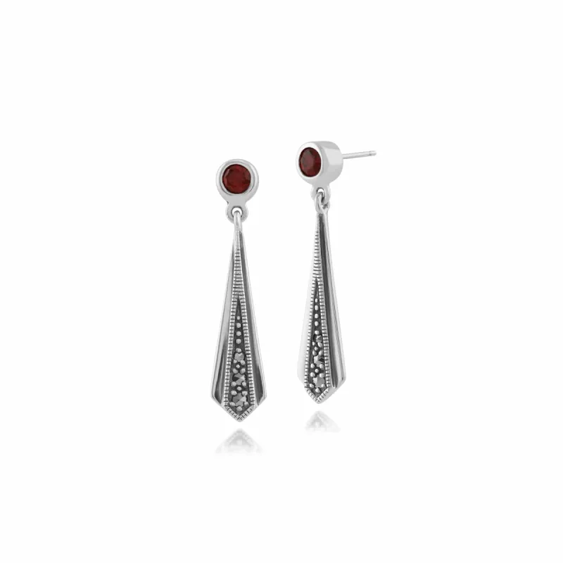 Art Deco Style Round Garnet & Marcasite Kite Drop Earrings in 925 Sterling Silver sold by Gemondo Jewellery