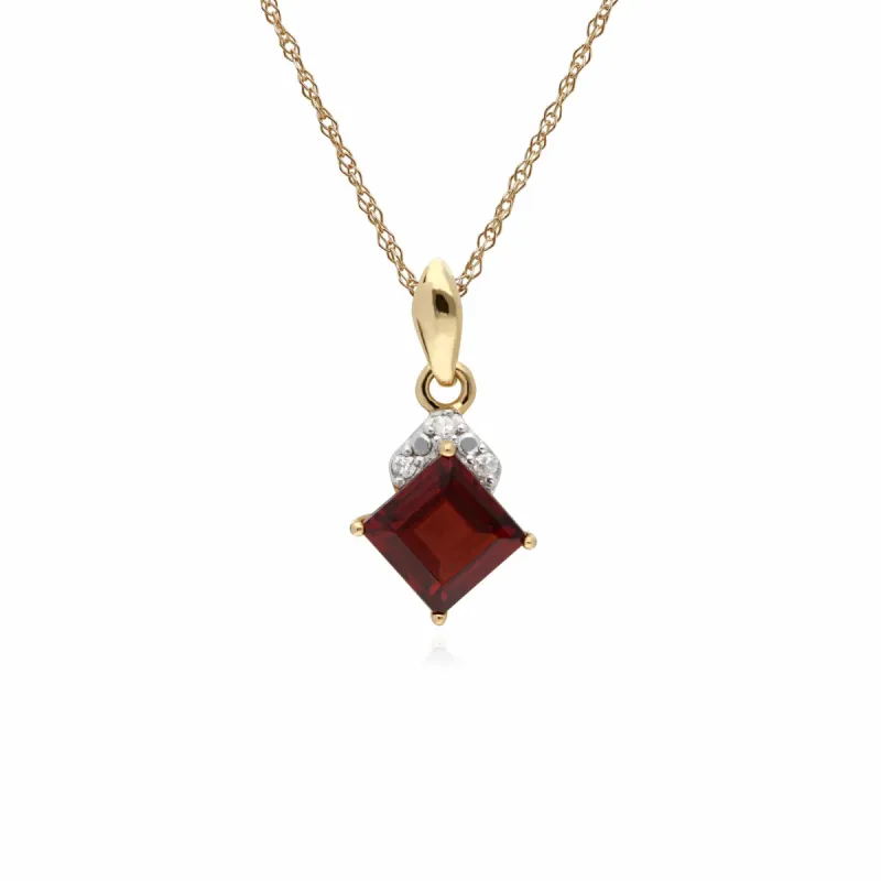 Classic Square Garnet & Diamond Pendant in 9ct Yellow Gold sold by Gemondo Jewellery