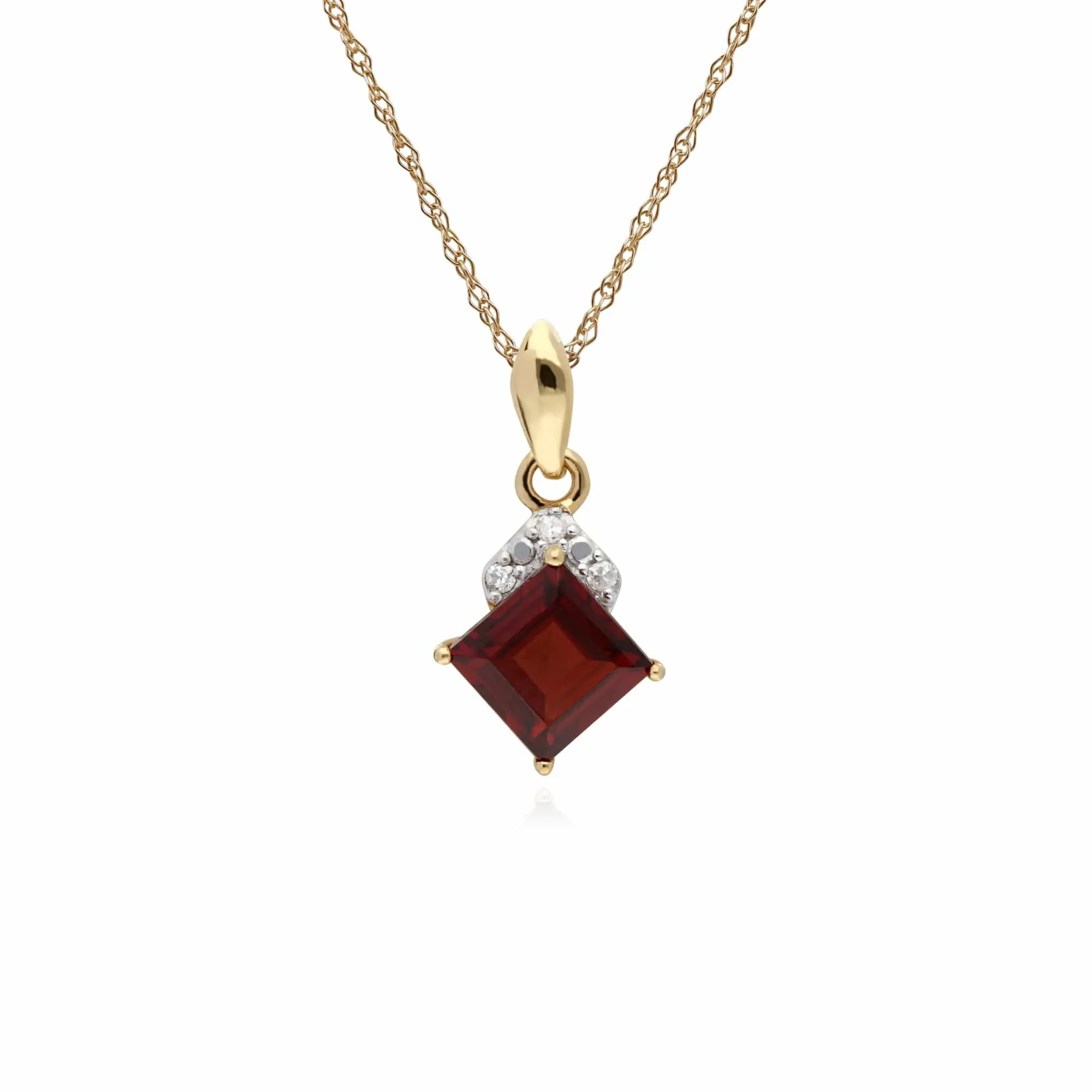 Classic Square Garnet & Diamond Pendant in 9ct Yellow Gold sold by Gemondo Jewellery