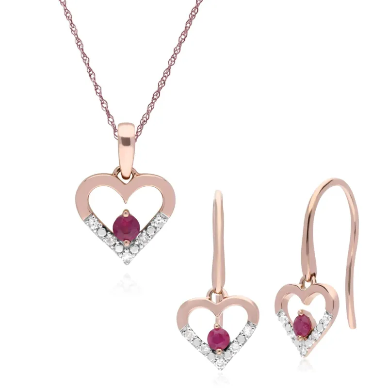 Classic Round Ruby & Diamond Heart Drop Earrings & Pendant Set in 9ct Rose Gold sold by Gemondo Jewellery