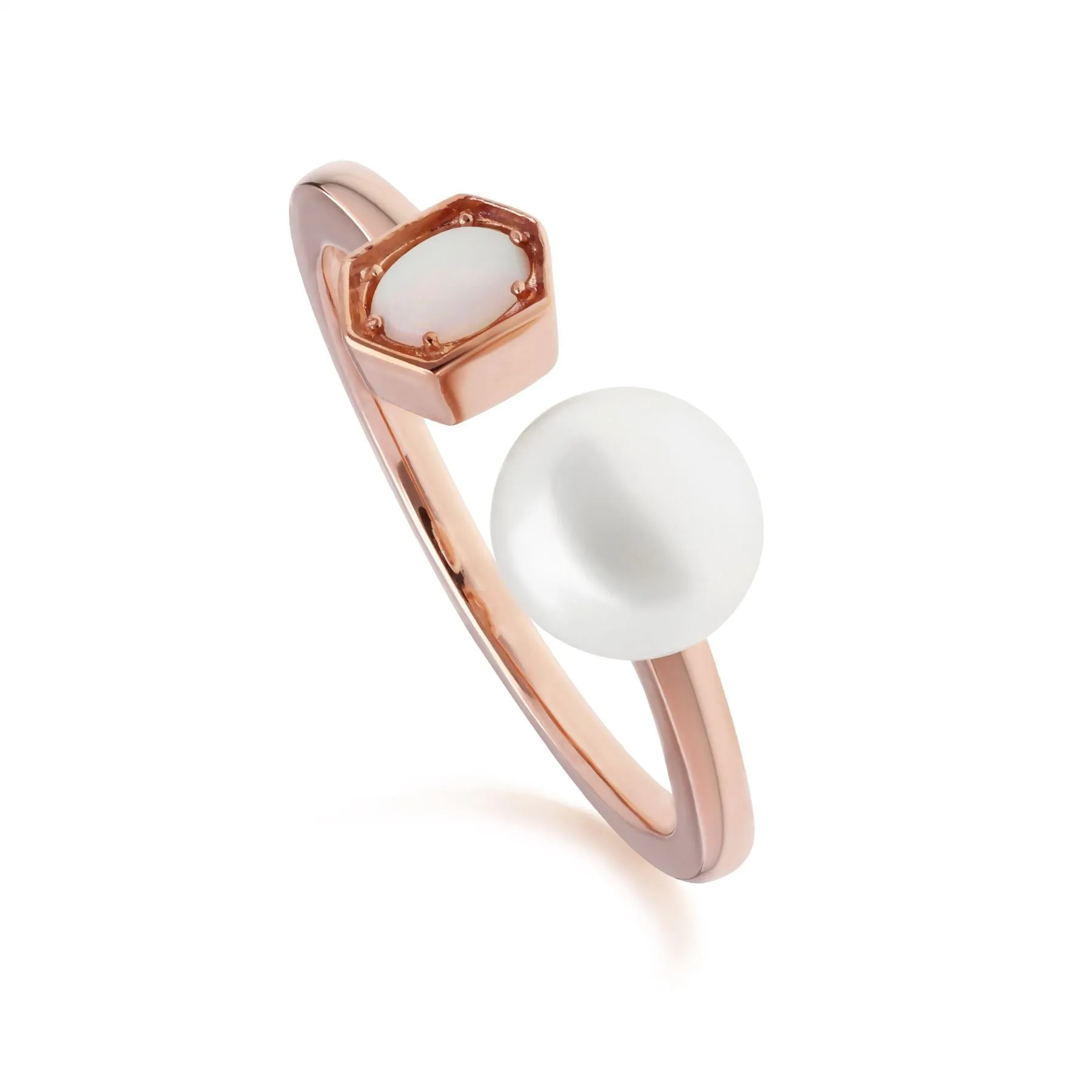 Modern Pearl & Opal Open Ring in Rose Gold Plated Silver sold by Gemondo Jewellery