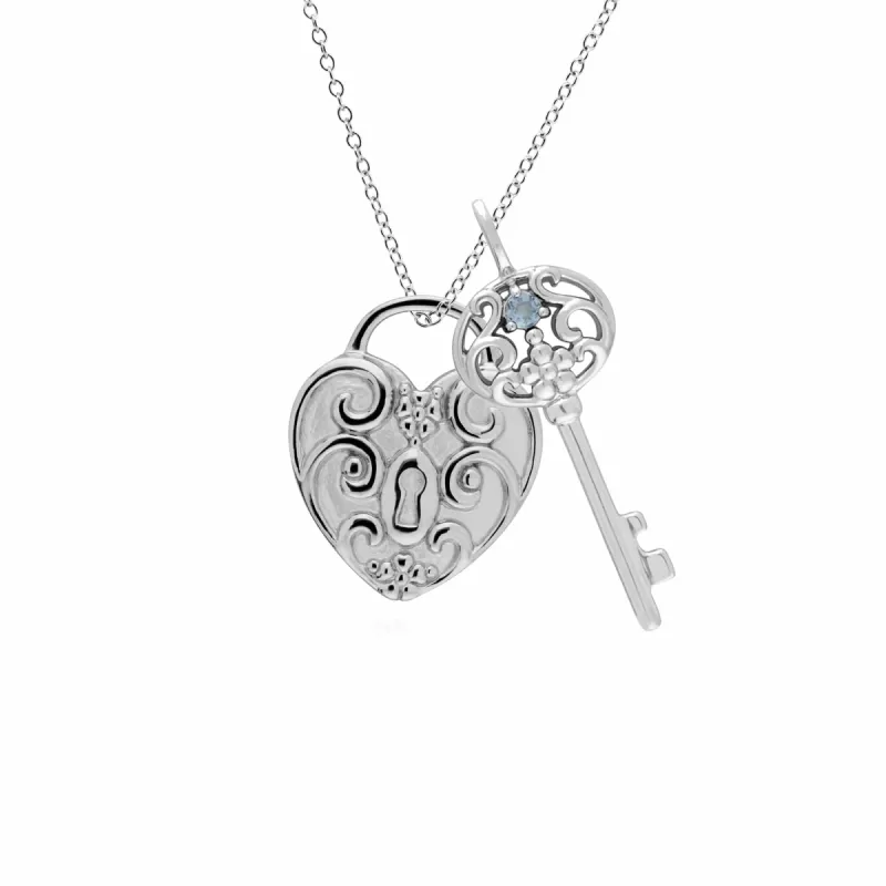 Classic Swirl Heart Lock Pendant & Aquamarine Big Key Charm in 925 Sterling Silver sold by Gemondo Jewellery