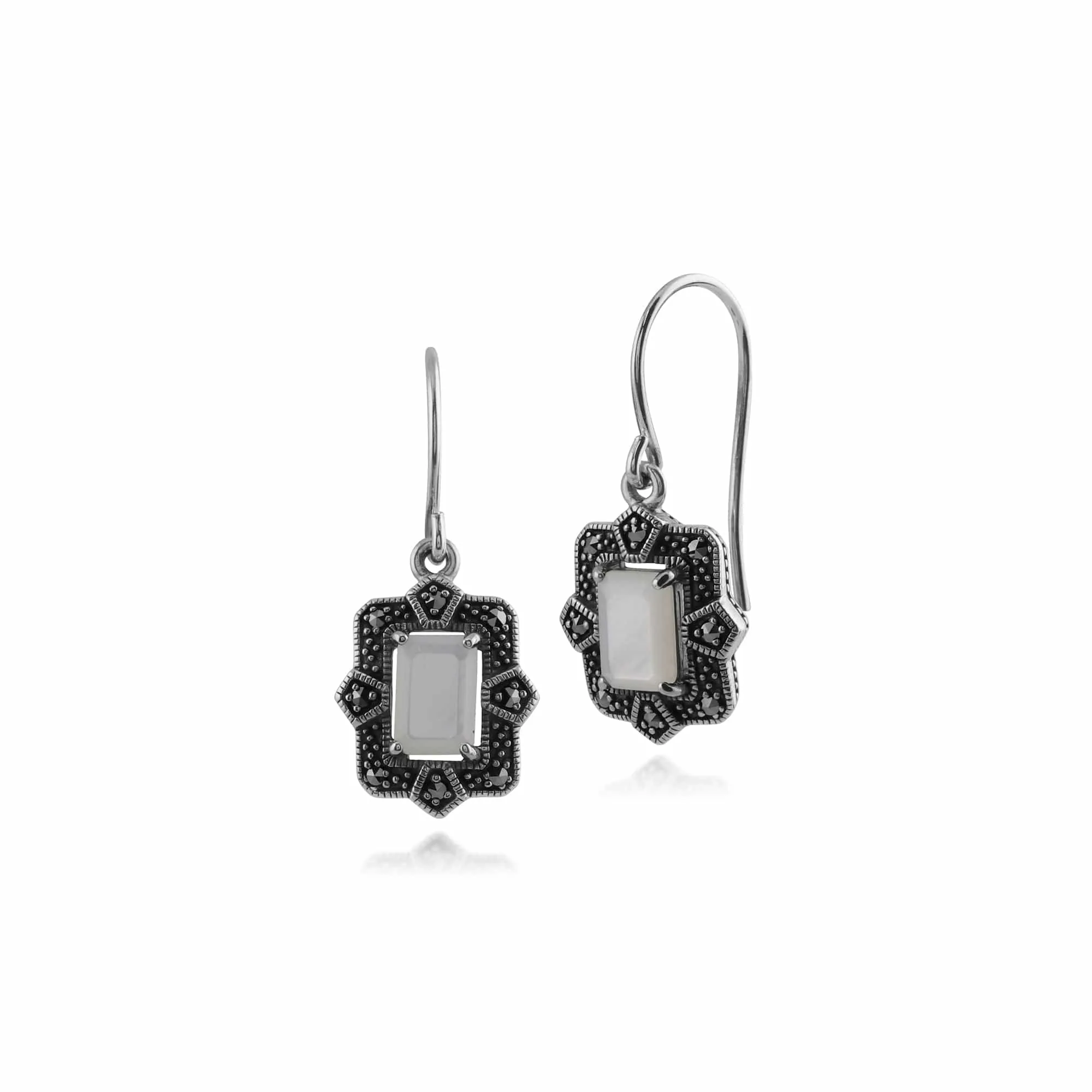Art Deco Style Octagon Mother of Pearl & Marcasite Drop Earrings in 925 Sterling Silver sold by Gemondo Jewellery