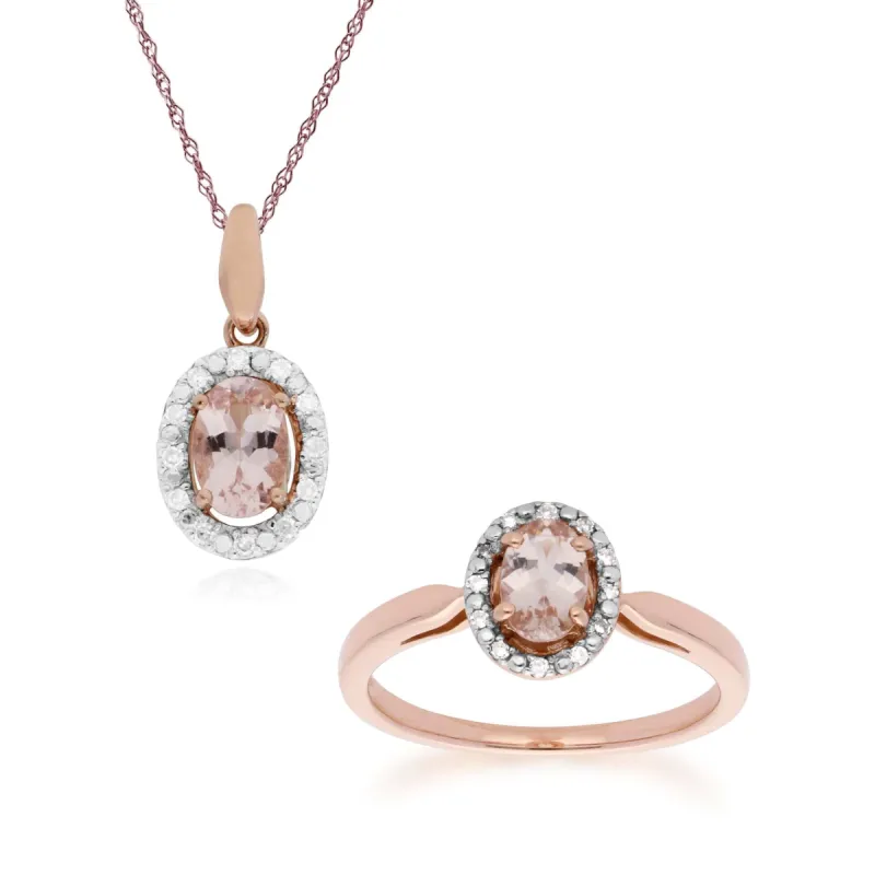 Classic Oval Morganite & Diamond Halo Pendant & Halo Ring in 9ct Rose Gold made by Gemondo Jewellery
