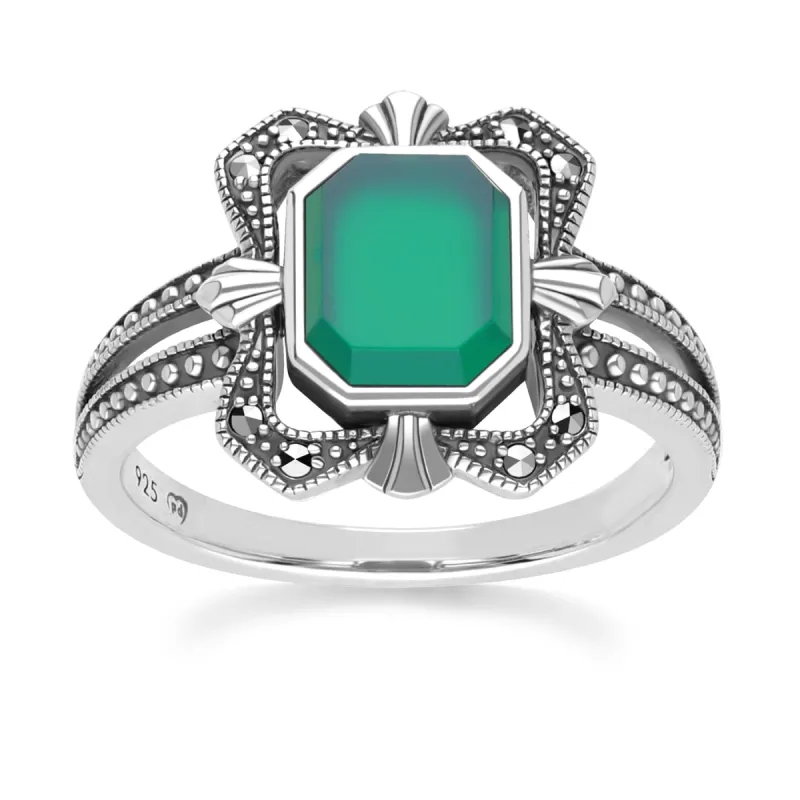 Art Deco Style Baguette Chalcedony and Marcasite Ring in Sterling Silver sold by Gemondo Jewellery