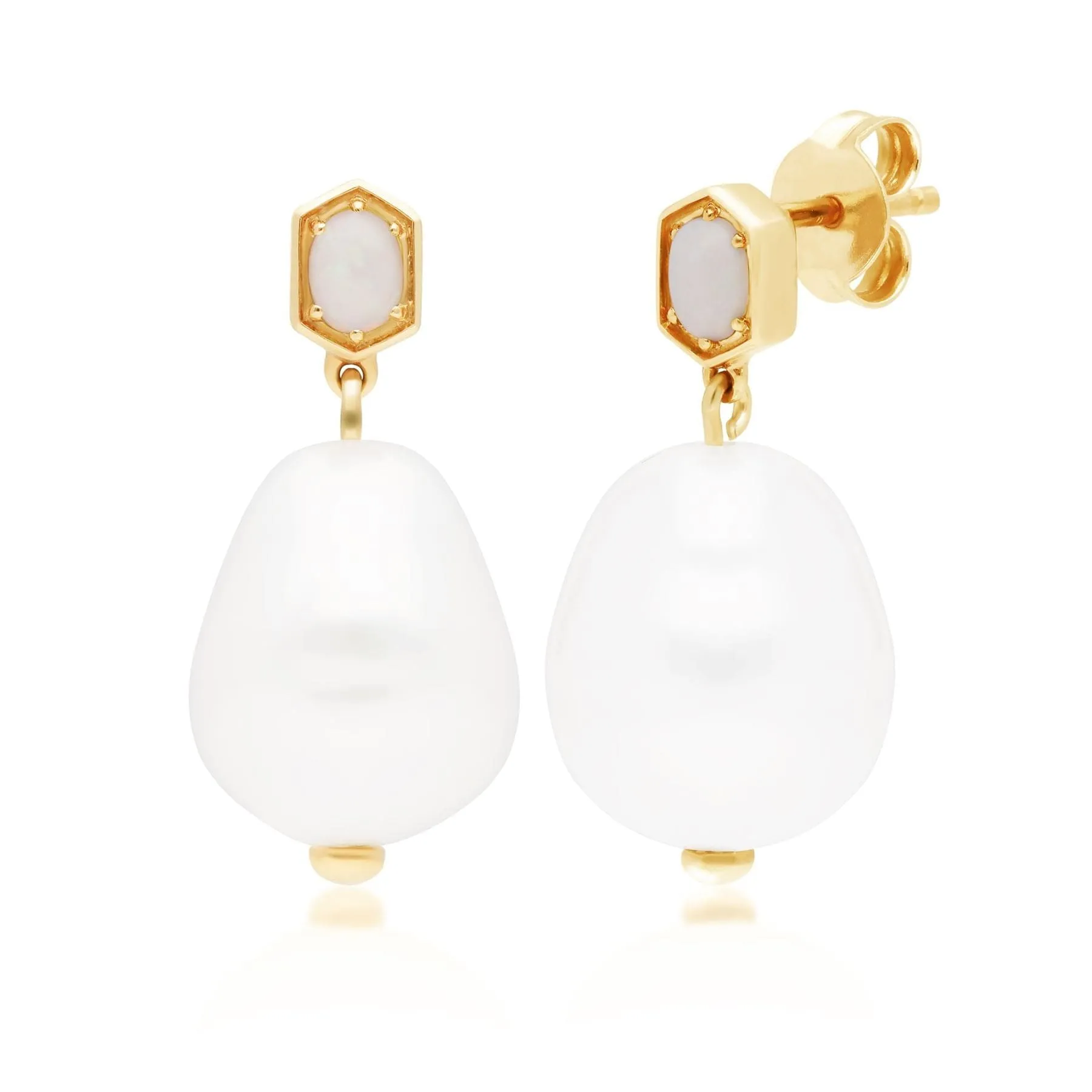 Modern Baroque Pearl & Opal Drop Earrings in Gold Plated Silver sold by Gemondo Jewellery