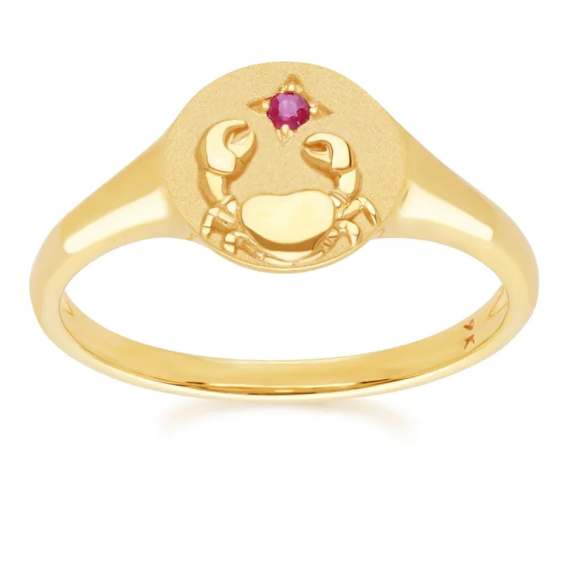 Zodiac Ruby Cancer Signet Ring In 9ct Yellow Gold sold by Gemondo Jewellery