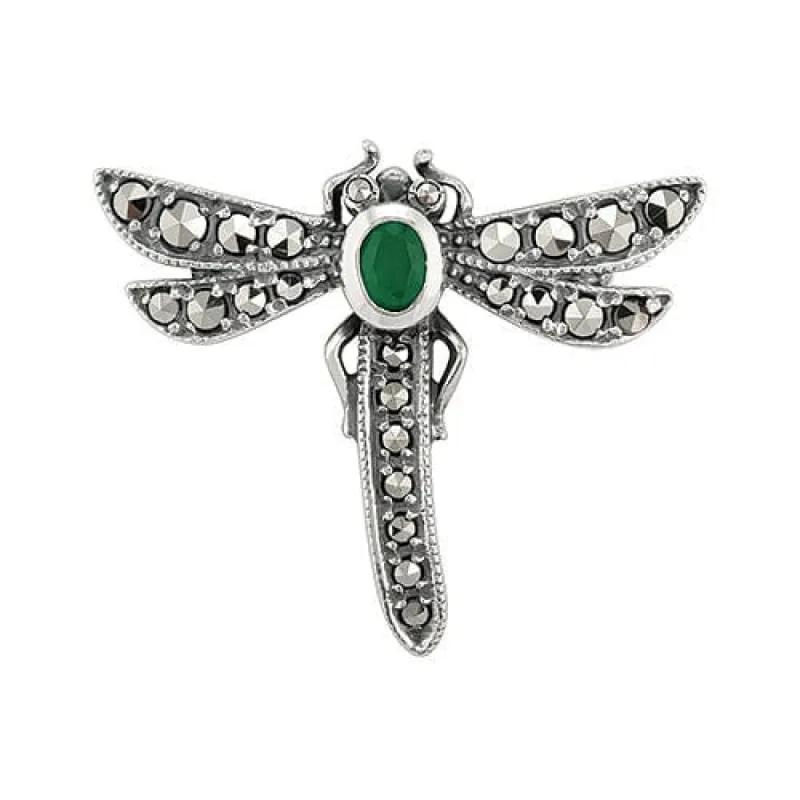 Art Nouveau Style Oval Marcasite & Emerald Dragonfly Brooch in 925 Sterling Silver sold by Gemondo Jewellery