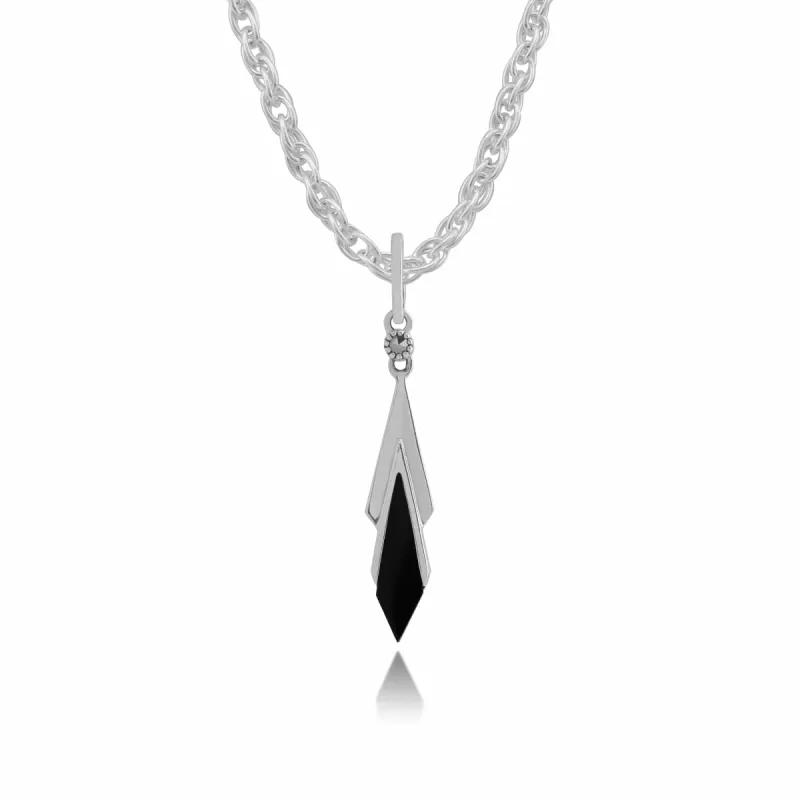 Art Deco Style Black Onyx & Marcasite Kite Drop Pendant in 925 Sterling Silver sold by Gemondo Jewellery