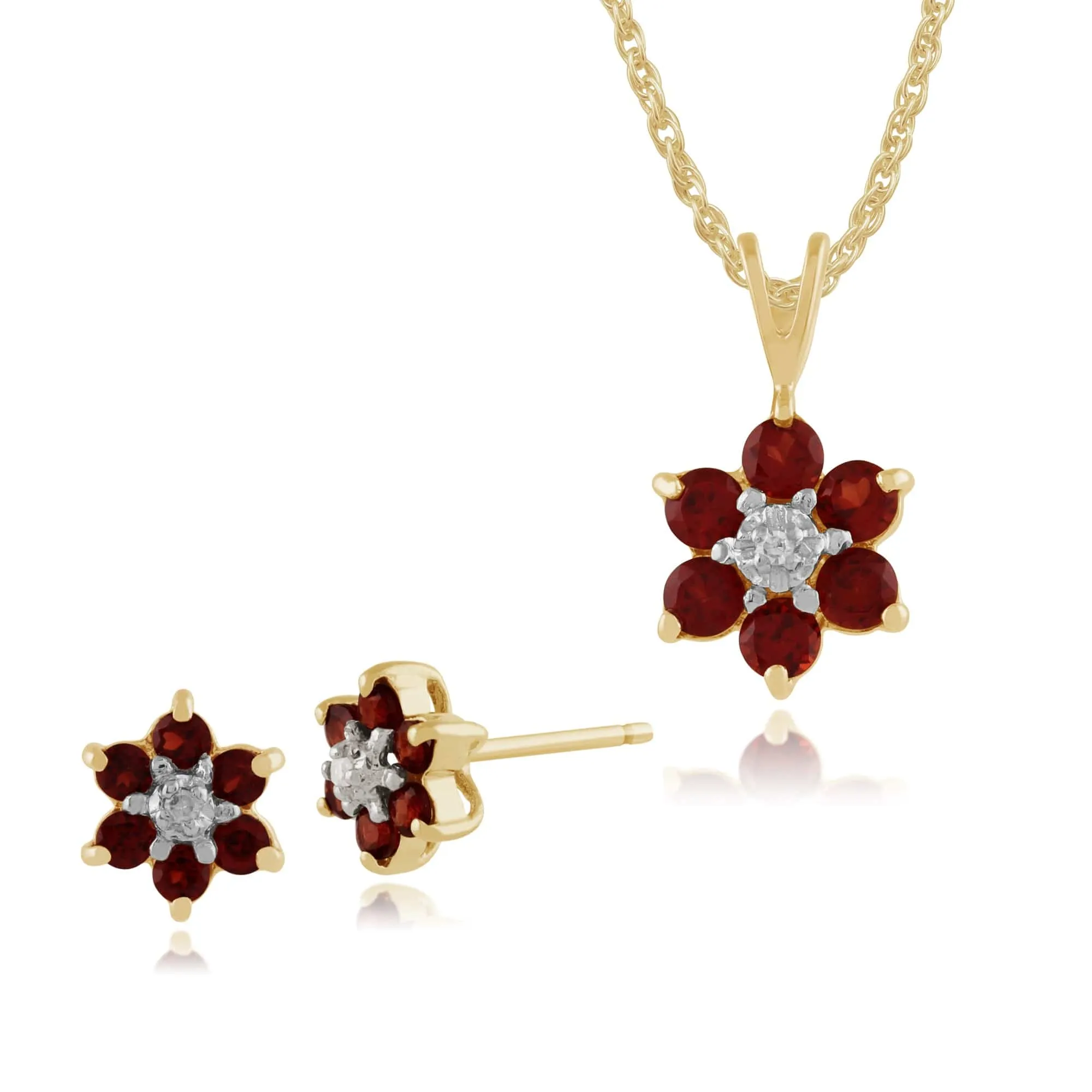 Floral Round Garnet & Diamond Flower Cluster Stud Earrings & Pendant Set in 9ct Yellow Gold sold by Gemondo Jewellery