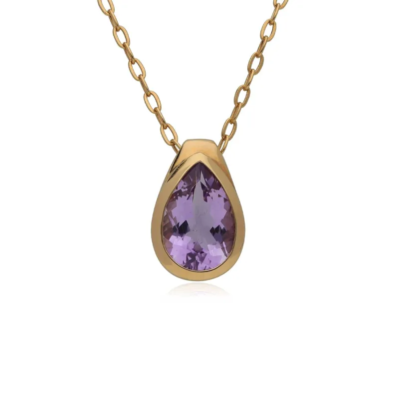Kosmos Pear Cut Amethyst Drop Necklace in Gold Plated Sterling Silver sold by Gemondo Jewellery