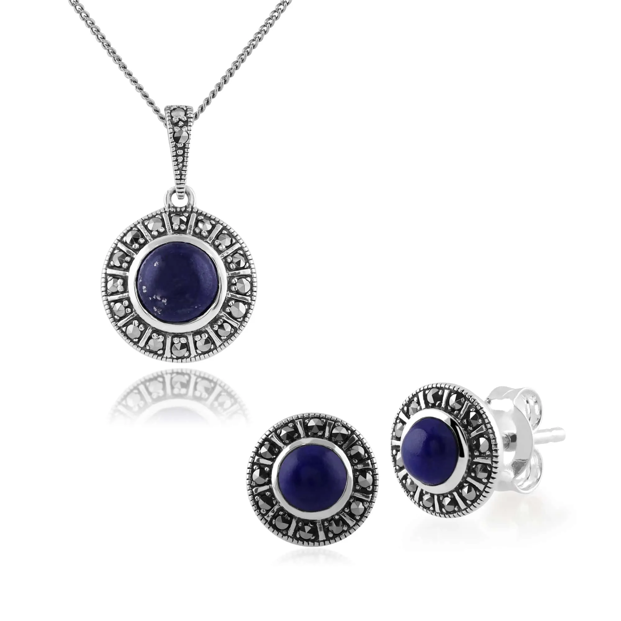 Art Deco Style Round Lapis Lazuli & Marcasite Halo Stud Earrings & Pendant Set in 925 Sterling Silver sold by Gemondo Jewellery