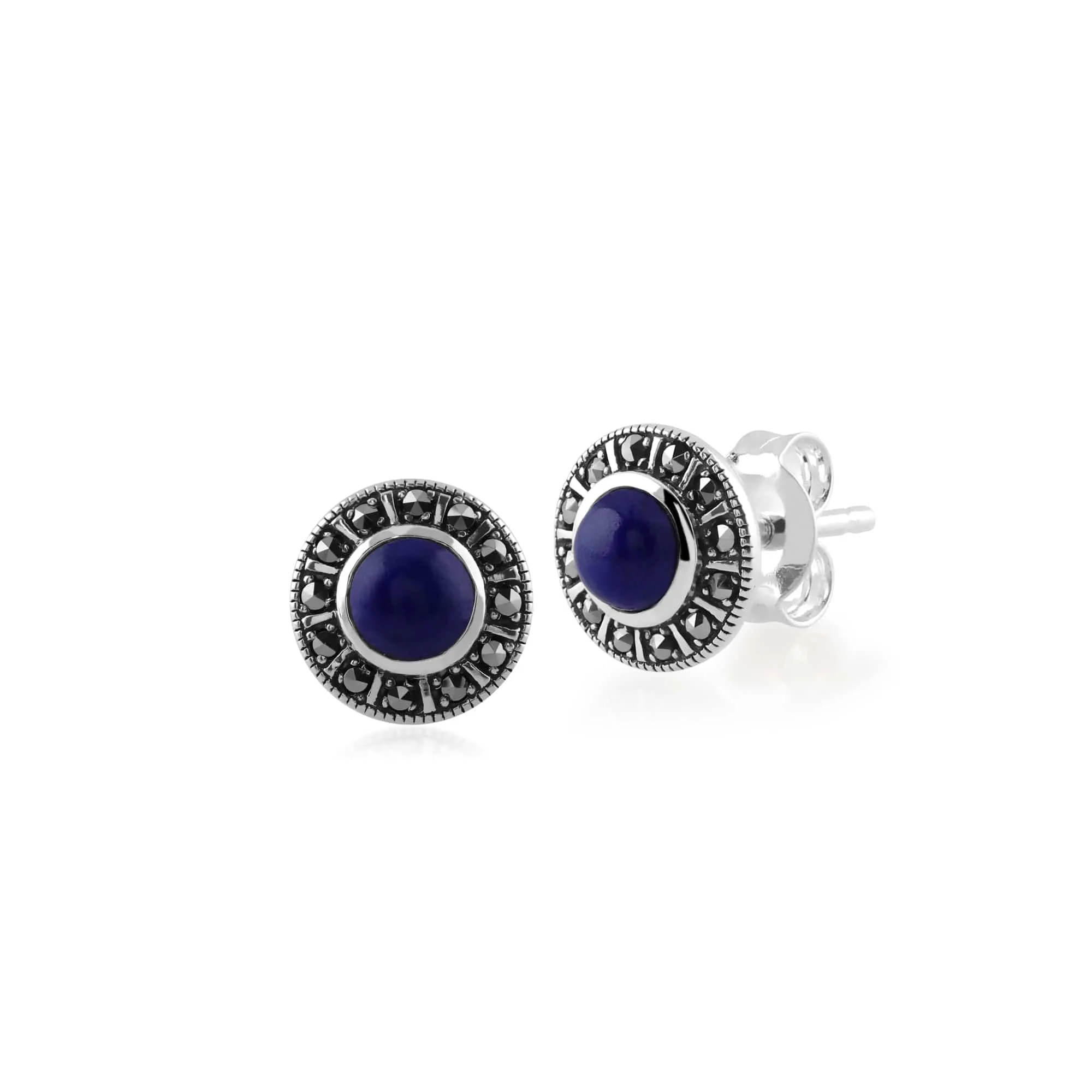 Art Deco Style Round Lapis Lazuli & Marcasite Halo Stud Earrings & Pendant Set in 925 Sterling Silver sold by Gemondo Jewellery product image thumbnail 2