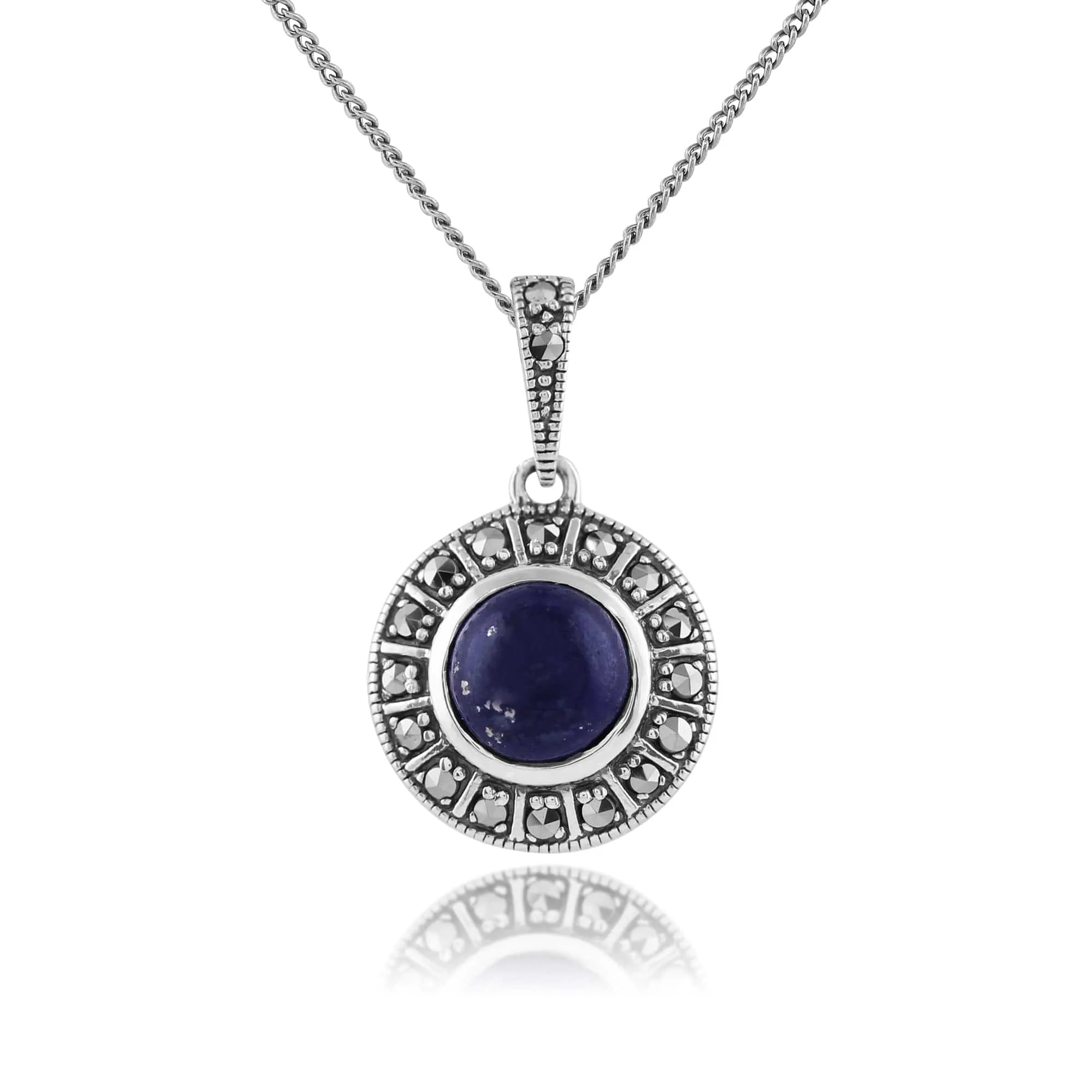 Art Deco Style Round Lapis Lazuli & Marcasite Halo Stud Earrings & Pendant Set in 925 Sterling Silver sold by Gemondo Jewellery product image thumbnail 3